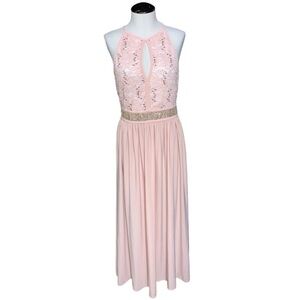 Juniors Morgan & co formal midi dress gown prom small pink keyhole back sequins